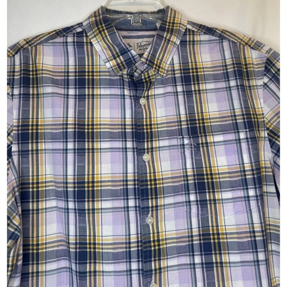 Original Penguin Men’s Cotton Plum Plaid Short Sleeve‎ Button Up Shirt Sz L